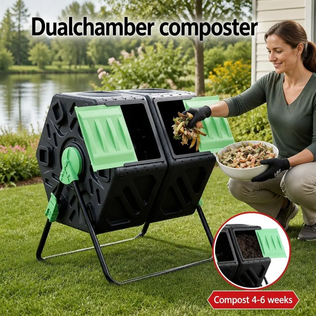 Dual-Chamber Compost Bin Rotating Tumbler 130L Garden Waste Composter