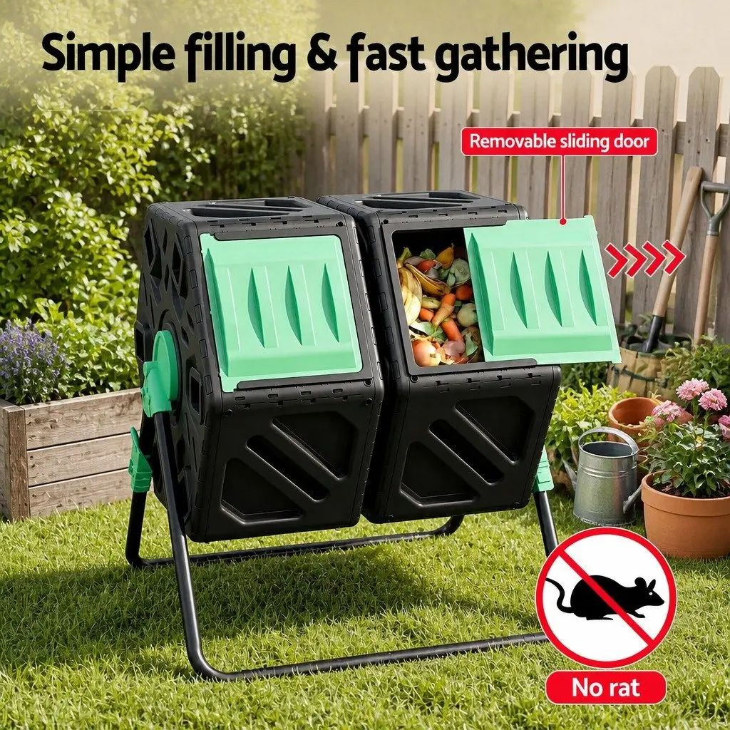 Dual-Chamber Compost Bin Rotating Tumbler 130L Garden Waste Composter