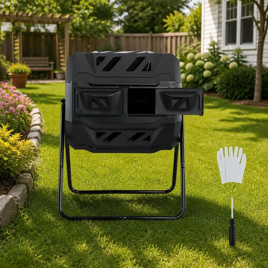 Dual-Chamber Compost Bin Rotating 160L Garden Waste Composter Black