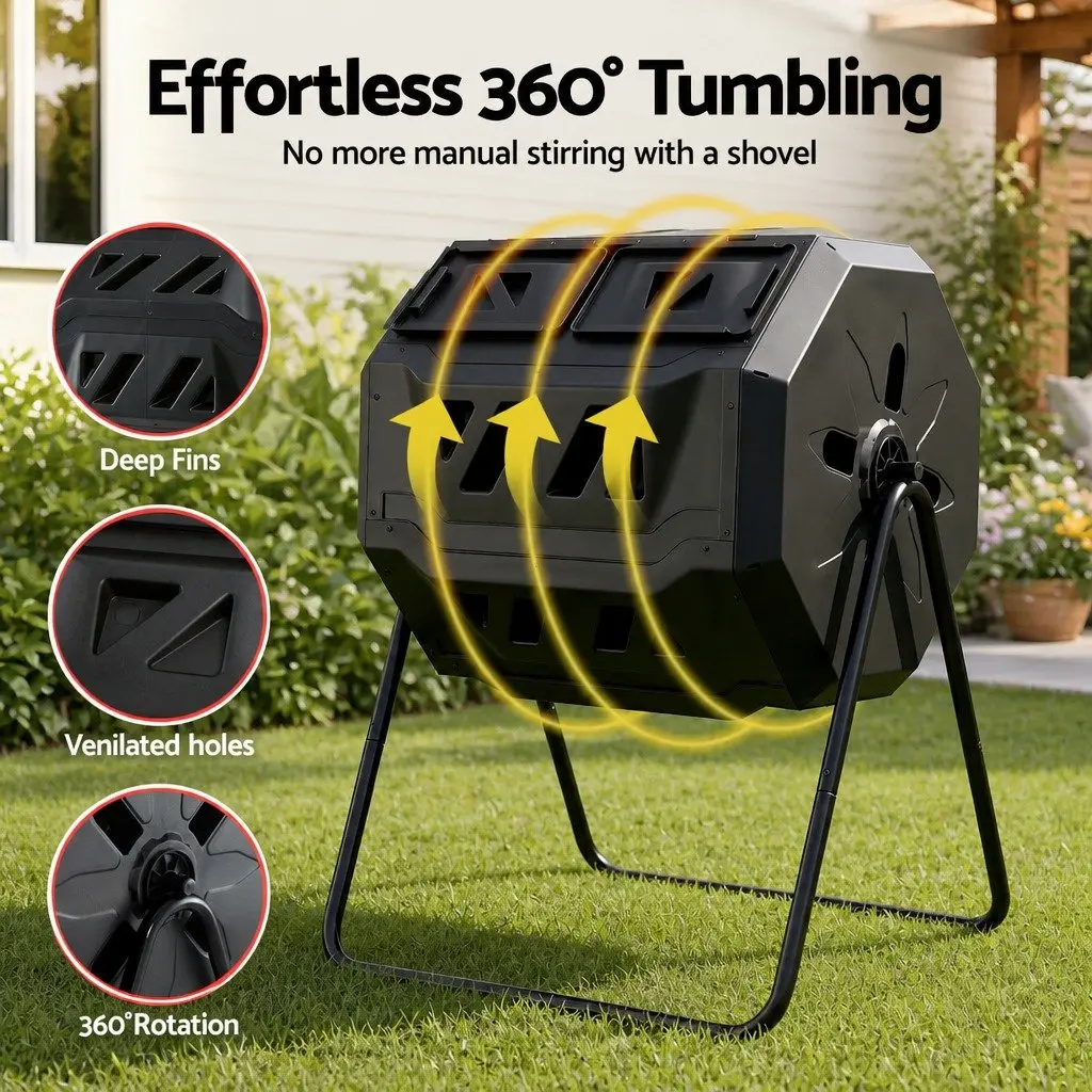 Dual-Chamber Compost Bin Rotating 160L Garden Waste Composter Black