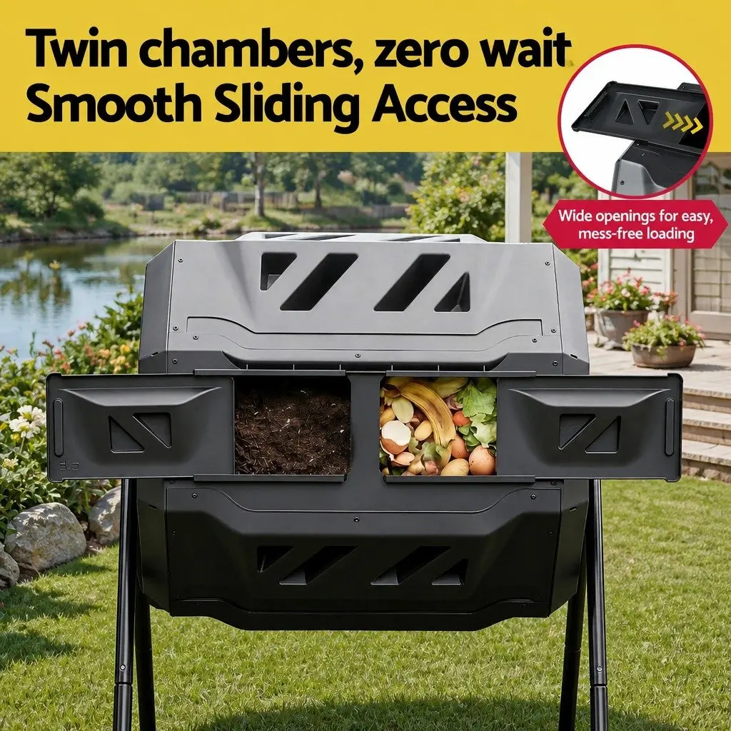 Dual-Chamber Compost Bin Rotating 160L Garden Waste Composter Black