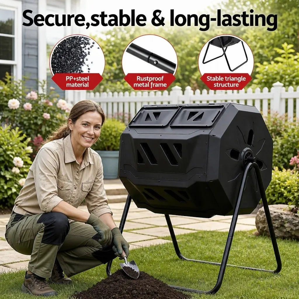 Dual-Chamber Compost Bin Rotating 160L Garden Waste Composter Black