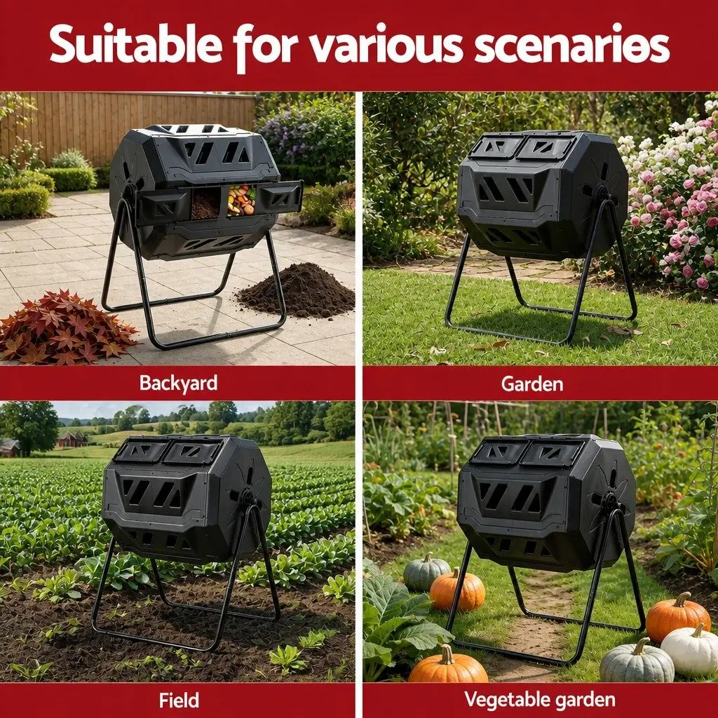 Dual-Chamber Compost Bin Rotating 160L Garden Waste Composter Black