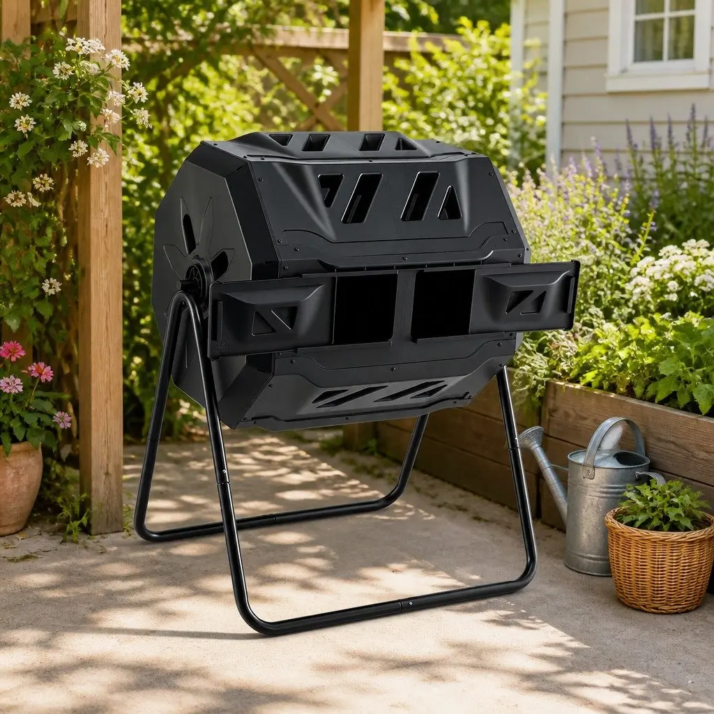 Dual-Chamber Compost Bin Rotating 160L Garden Waste Composter Black