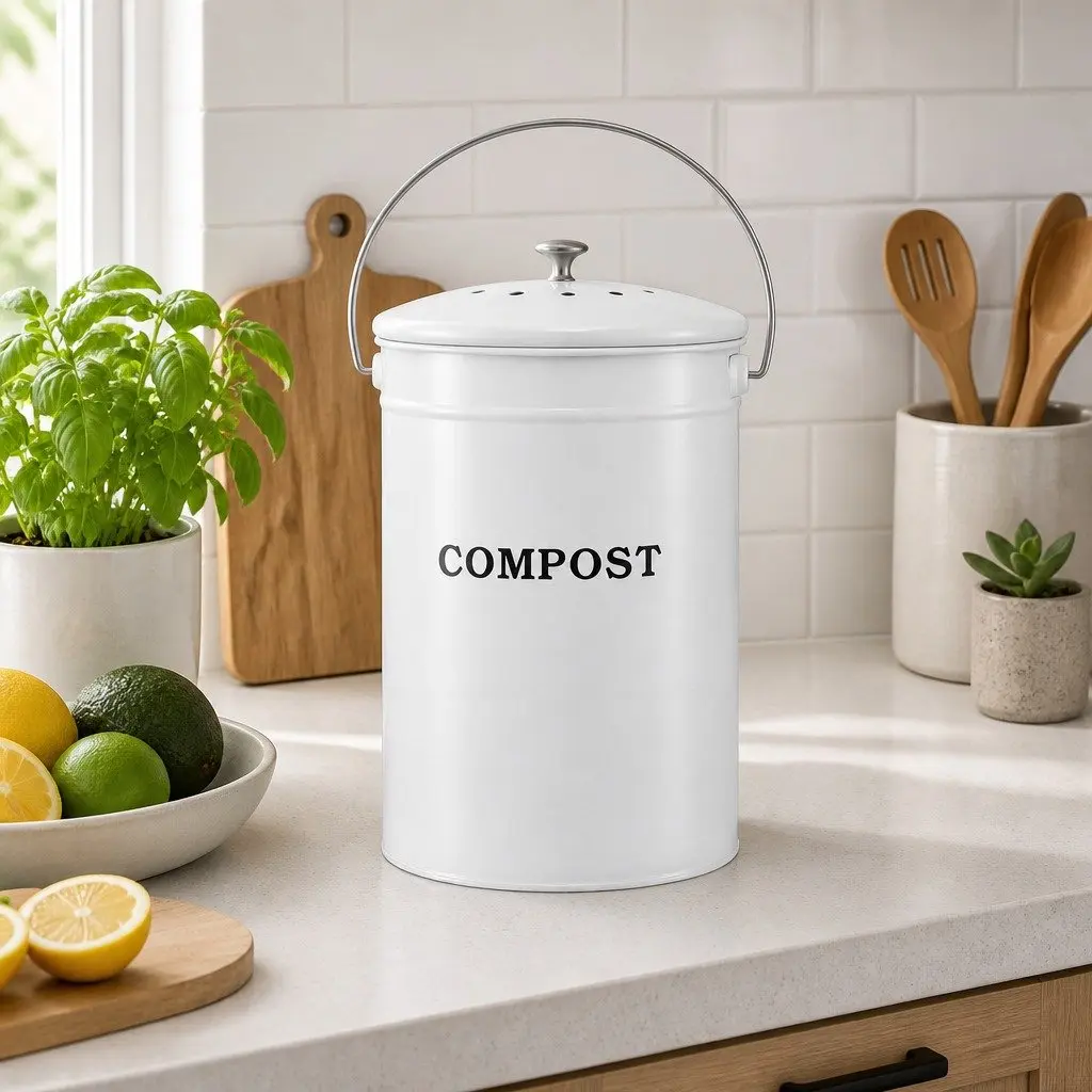 Kitchen Compost Caddy 6L Countertop Food Waste Bin Ventilated Lid Bench Storage