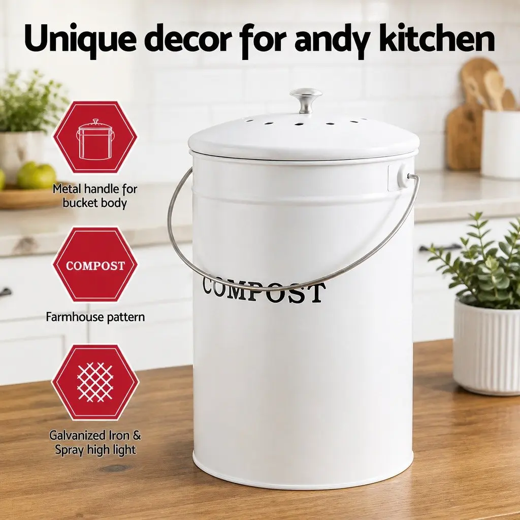 Kitchen Compost Caddy 6L Countertop Food Waste Bin Ventilated Lid Bench Storage
