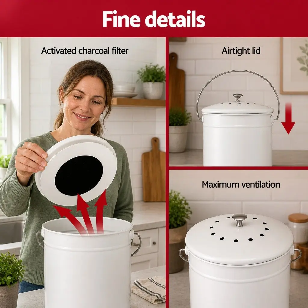 Kitchen Compost Caddy 6L Countertop Food Waste Bin Ventilated Lid Bench Storage