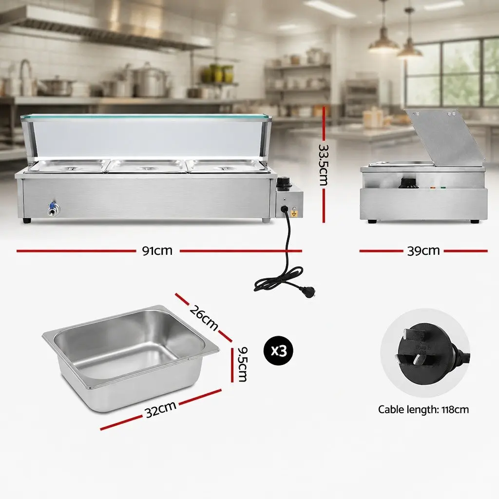 Bain Marie Electric Food Warmer 3 Pans Stainless Steel 91cm x 39cm x 33.5cm