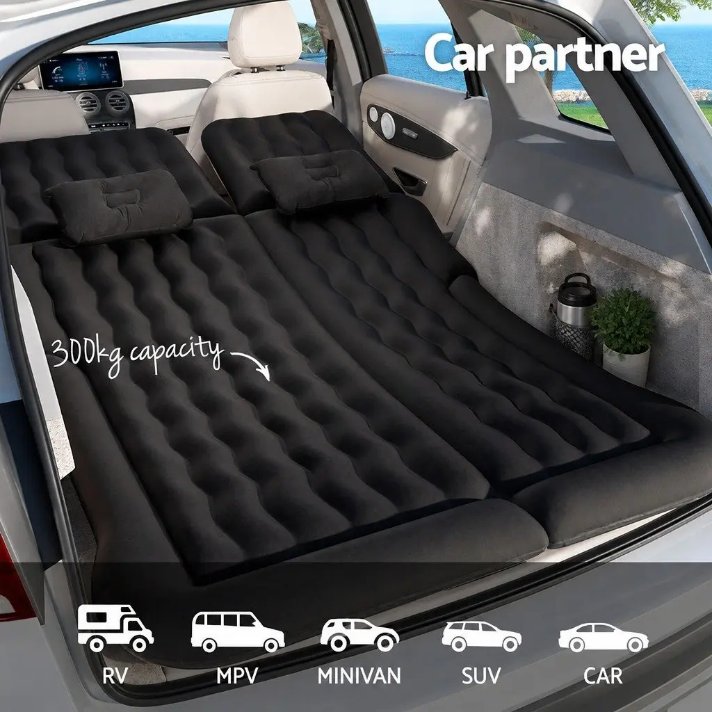 Car Mattress Inflatable SUV Back Seat Camping Bed 175x130cm Black with Pillows