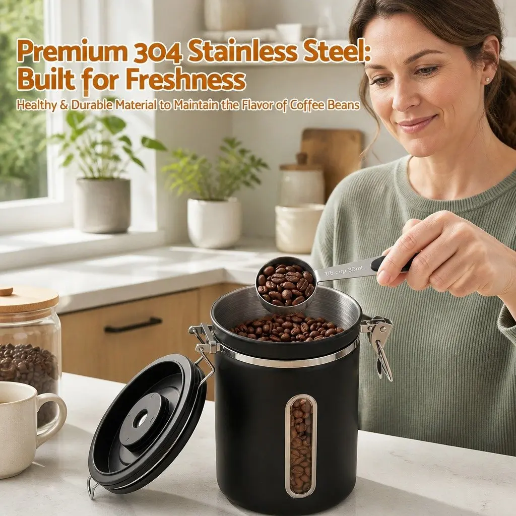 Stainless Steel Coffee Bean Storage Container with Viewing Window 1.8L