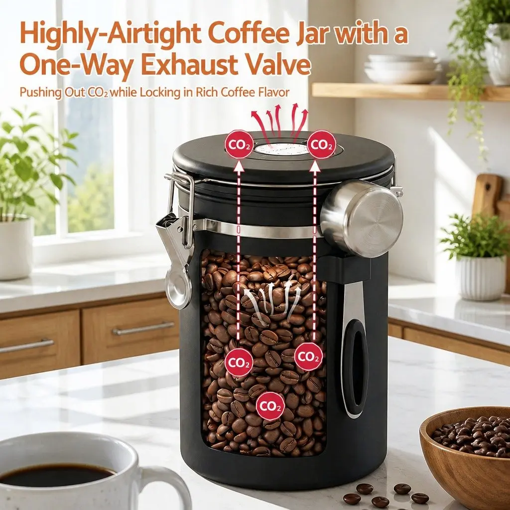 Stainless Steel Coffee Bean Storage Container with Viewing Window 1.8L