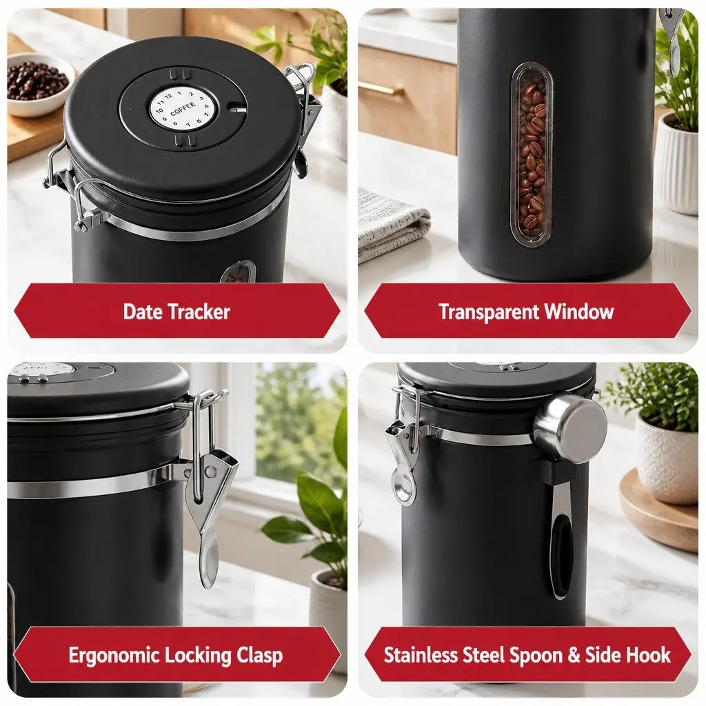 Stainless Steel Coffee Bean Storage Container with Viewing Window 1.8L