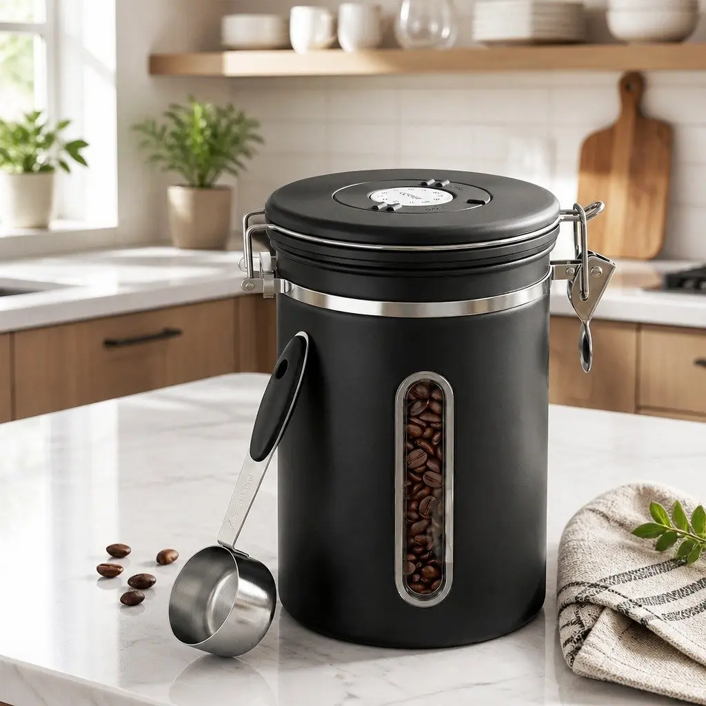 Stainless Steel Coffee Bean Storage Container with Viewing Window 1.8L