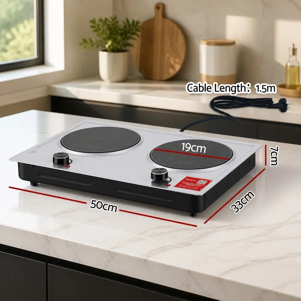 Electric Ceramic Cooktop 2 Zone Infrared Knob Control 2400W Silver