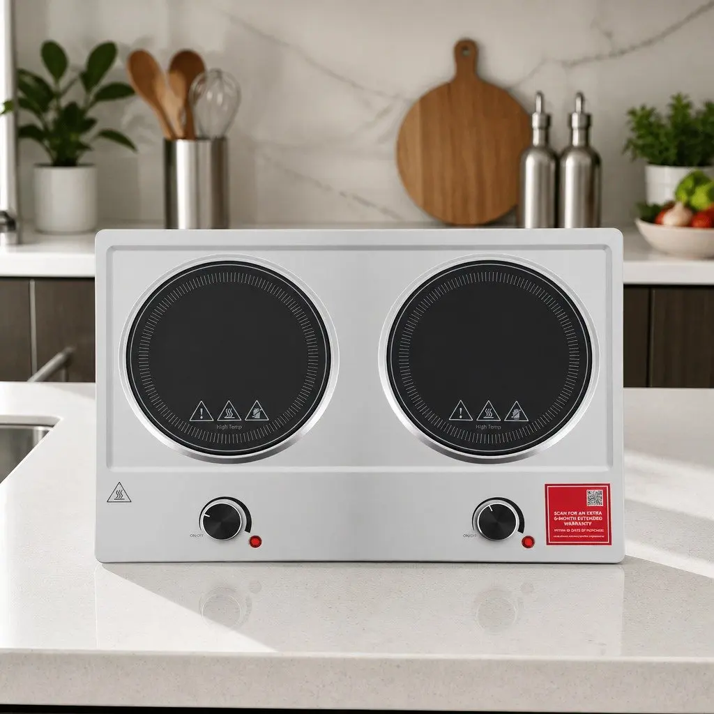 Electric Ceramic Cooktop 2 Zone Infrared Knob Control 2400W Silver
