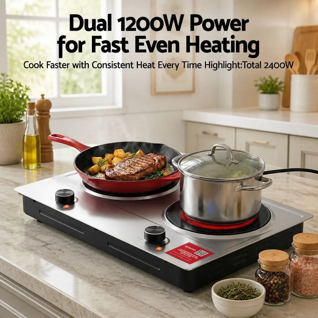 Electric Ceramic Cooktop 2 Zone Infrared Knob Control 2400W Silver