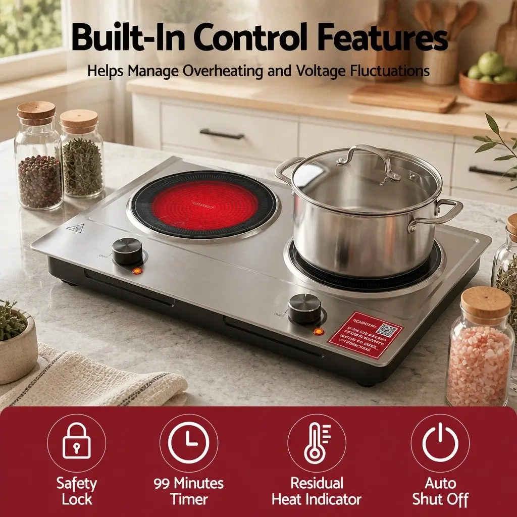 Electric Ceramic Cooktop 2 Zone Infrared Knob Control 2400W Silver