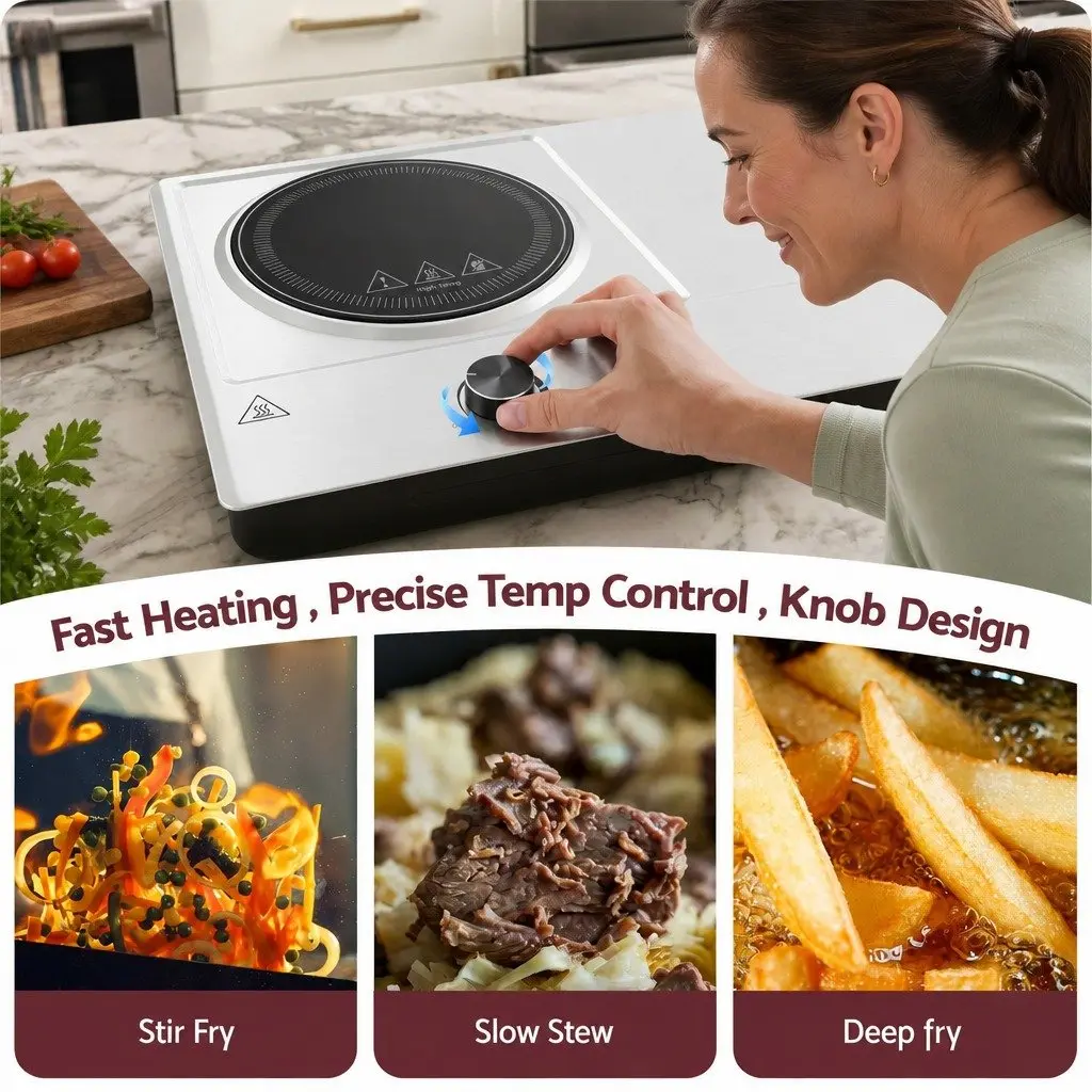Electric Ceramic Cooktop 2 Zone Infrared Knob Control 2400W Silver