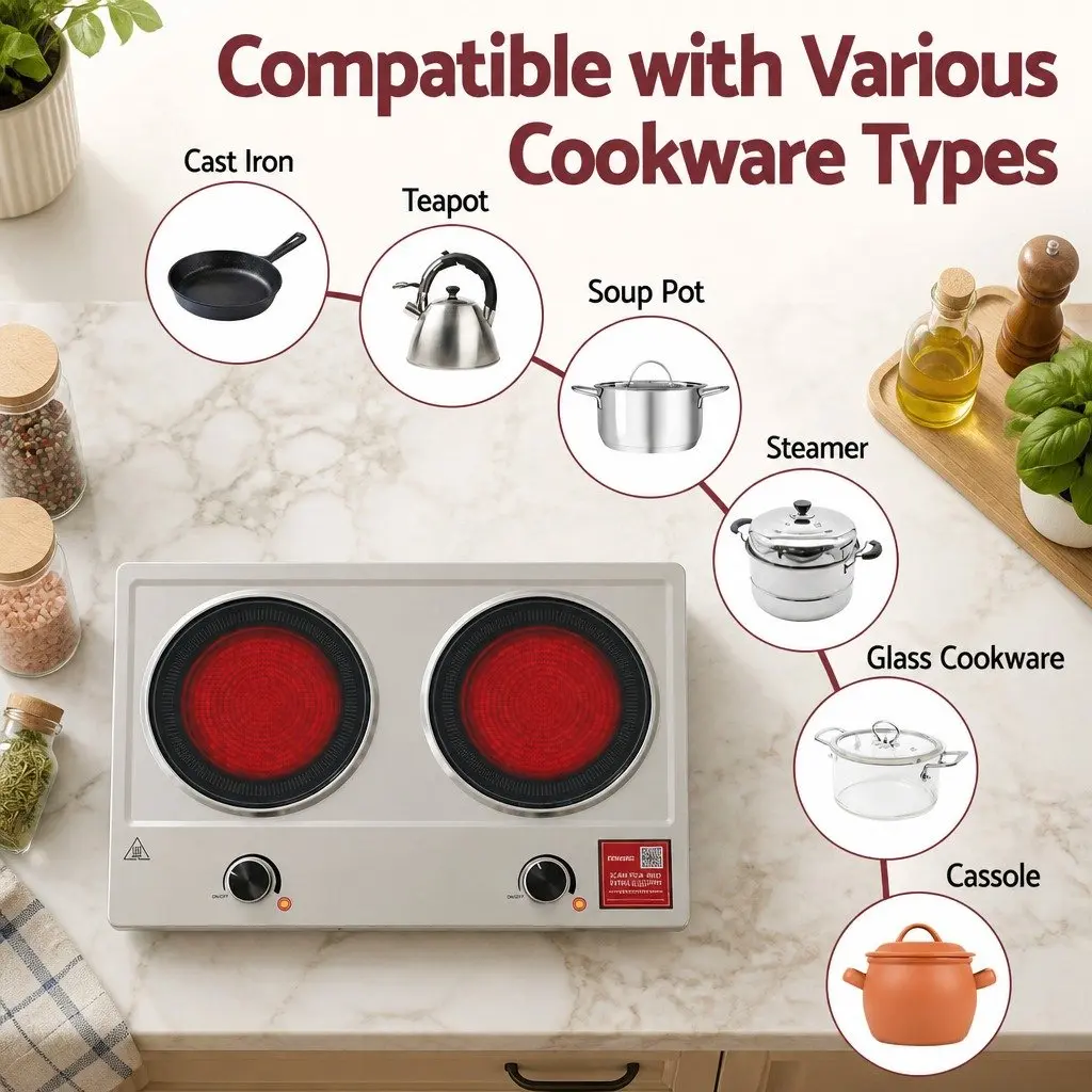 Electric Ceramic Cooktop 2 Zone Infrared Knob Control 2400W Silver