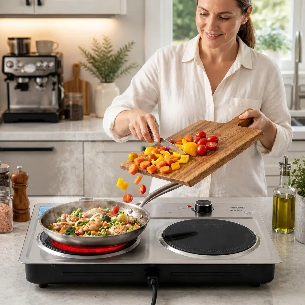 Electric Ceramic Cooktop 2 Zone Infrared Knob Control 2400W Silver