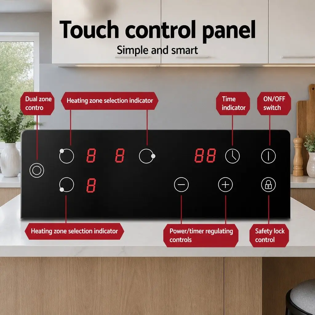60cm Electric Ceramic Cooktop Touch Control Black Glass Hob 4 Cooking Zones