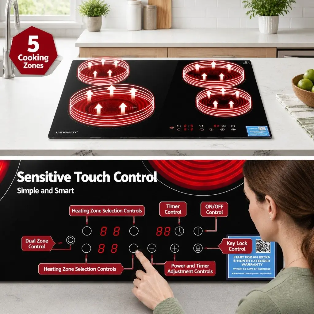 Ceramic Cooktop 5 Cooking Zone Touch Control 7600W Black Glass