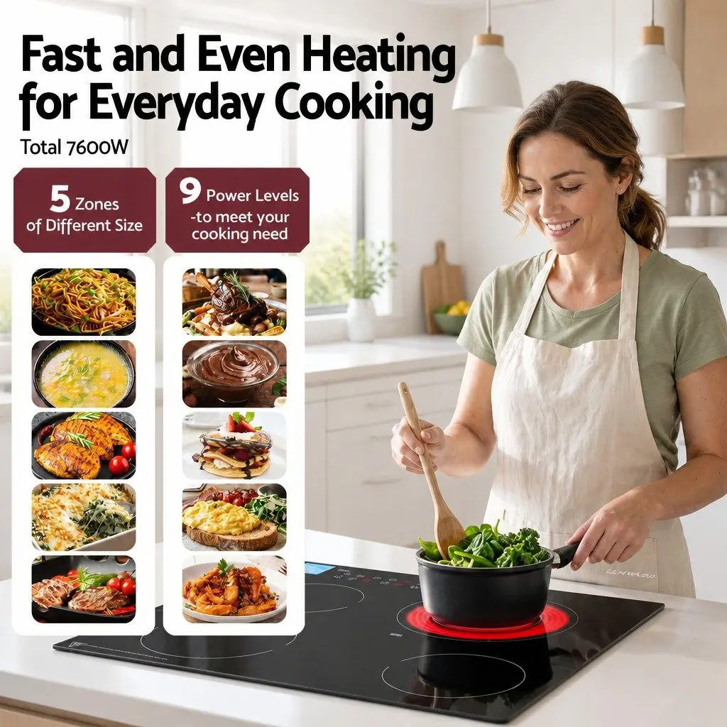 Ceramic Cooktop 5 Cooking Zone Touch Control 7600W Black Glass