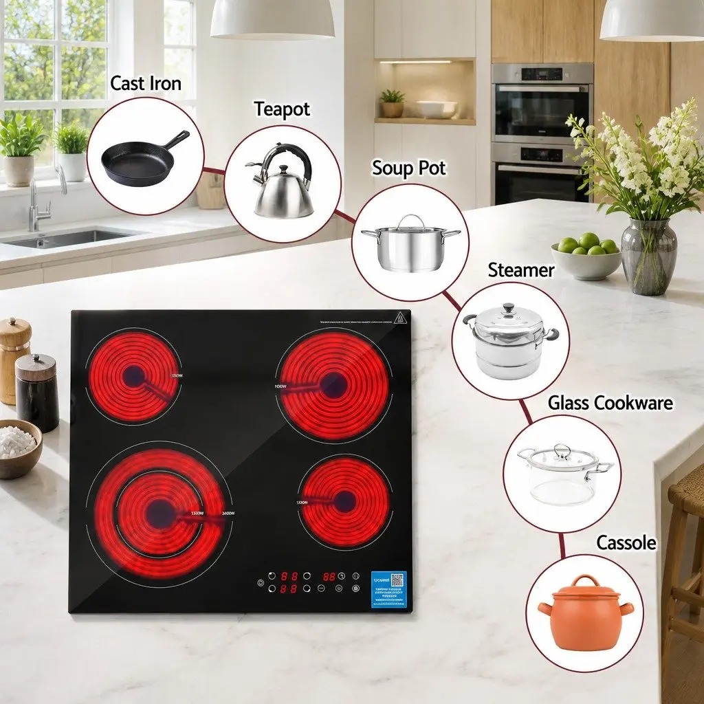 Ceramic Cooktop 5 Cooking Zone Touch Control 7600W Black Glass