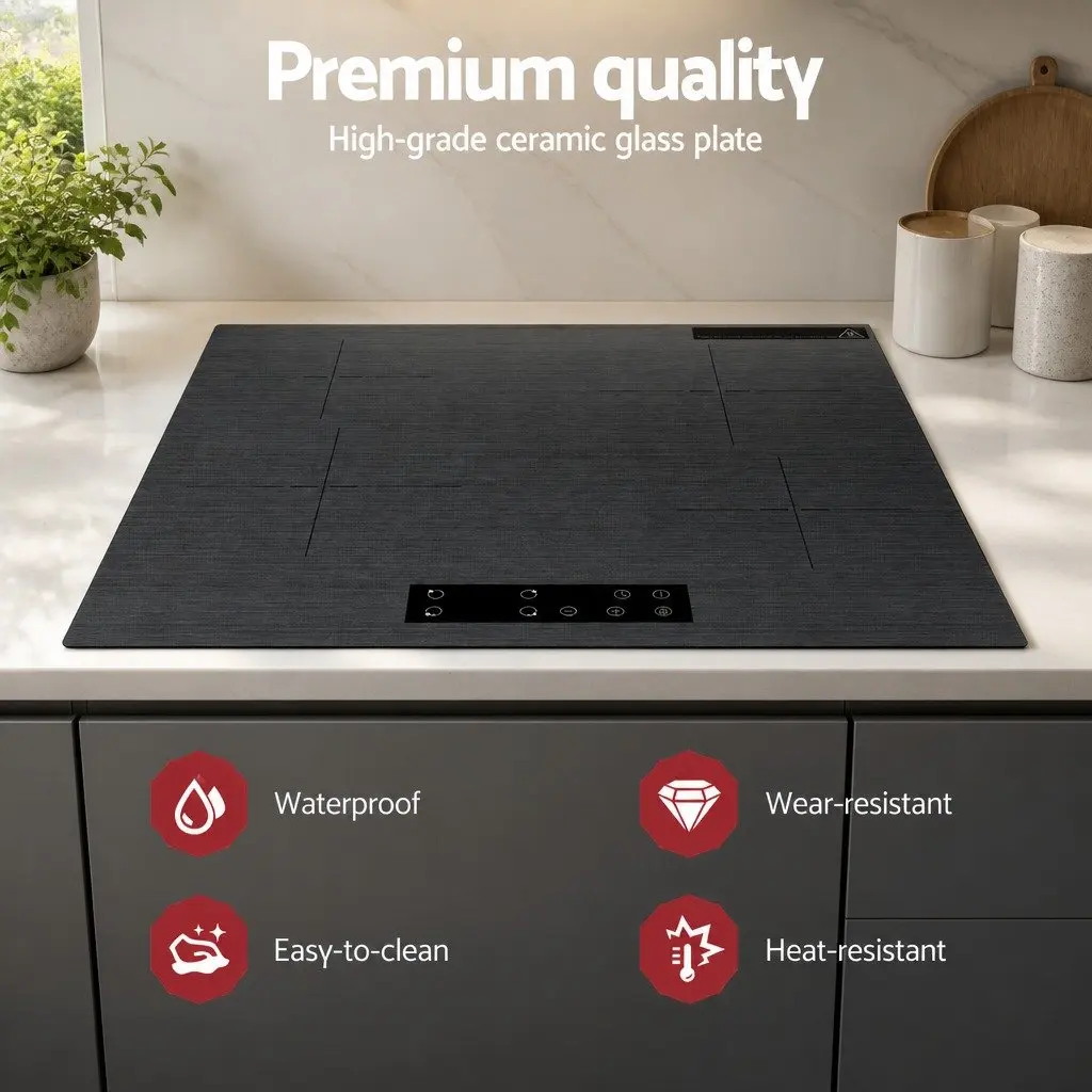 Electric Cooktop 60cm 4 Zone Touch Control Brushed Grey Ceramic Glass Surface
