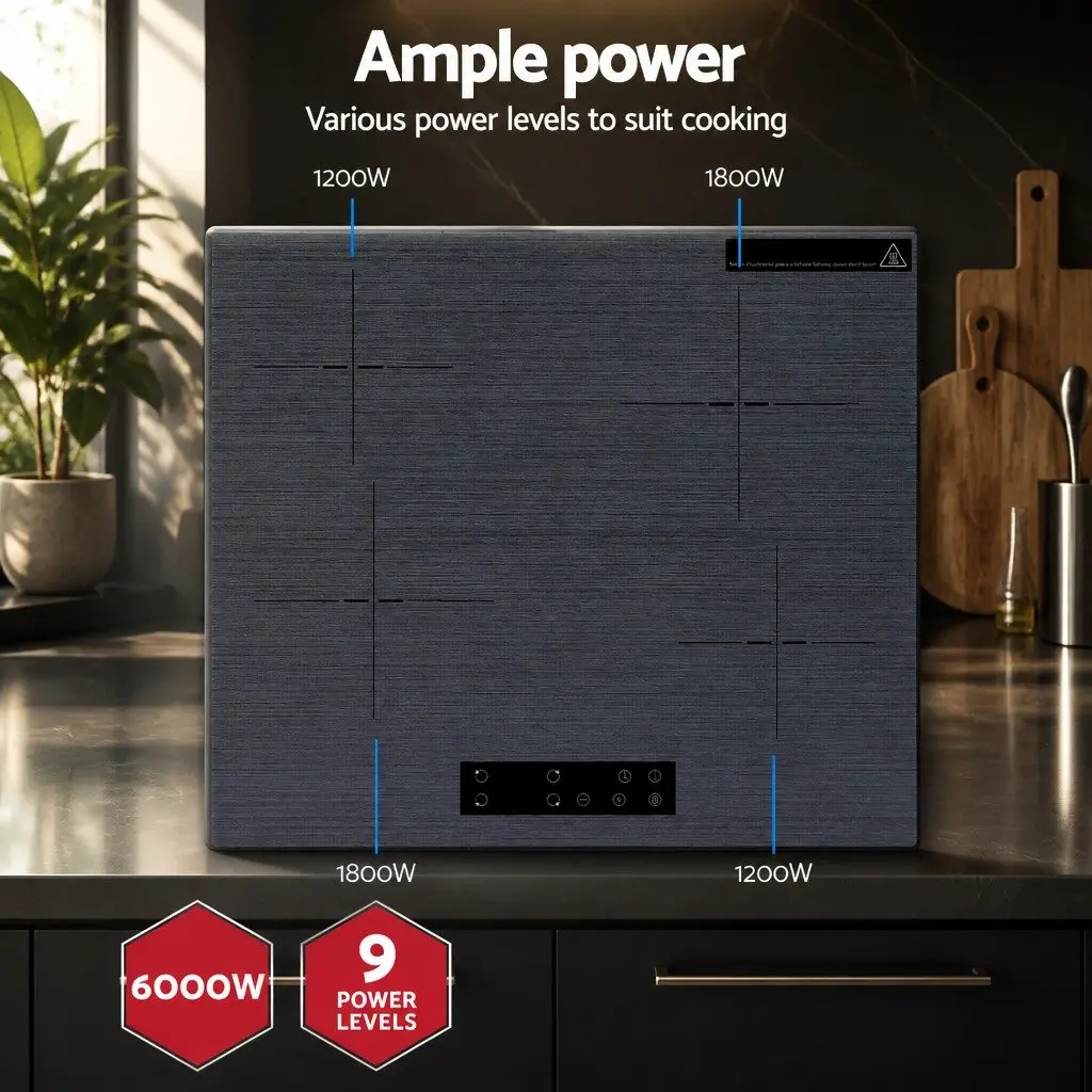Electric Cooktop 60cm 4 Zone Touch Control Brushed Grey Ceramic Glass Surface