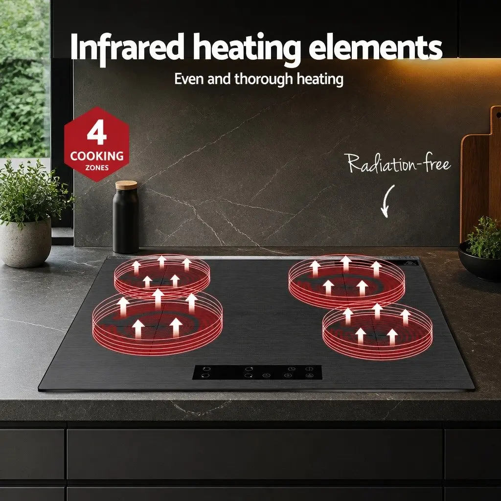 Electric Cooktop 60cm 4 Zone Touch Control Brushed Grey Ceramic Glass Surface