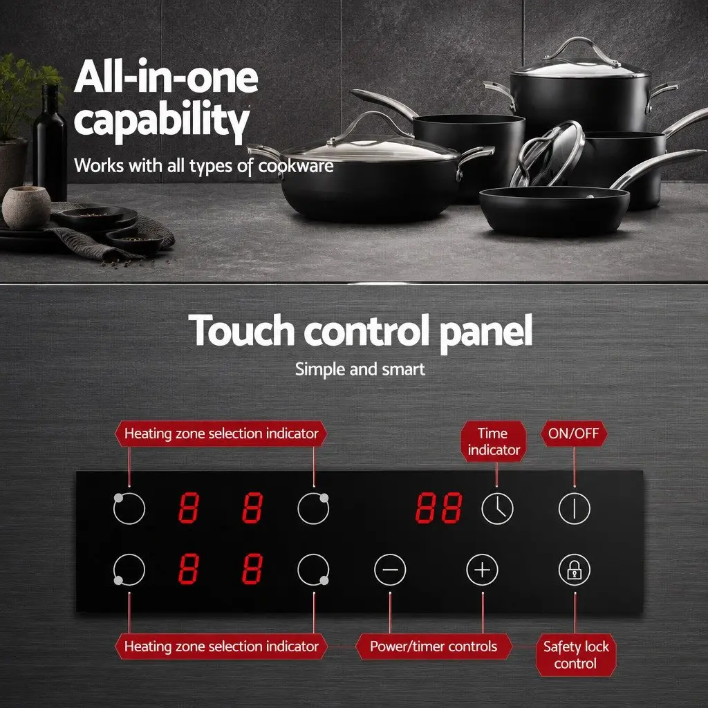 Electric Cooktop 60cm 4 Zone Touch Control Brushed Grey Ceramic Glass Surface