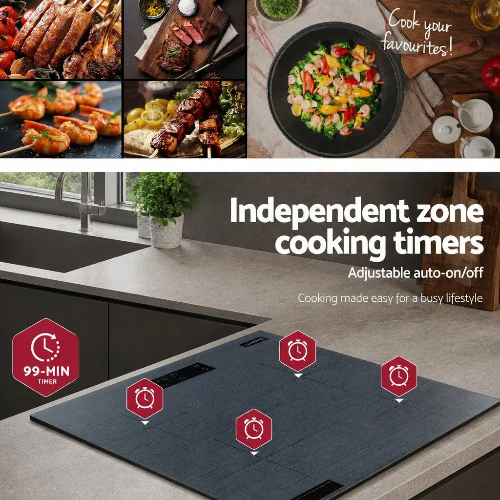 Electric Cooktop 60cm 4 Zone Touch Control Brushed Grey Ceramic Glass Surface