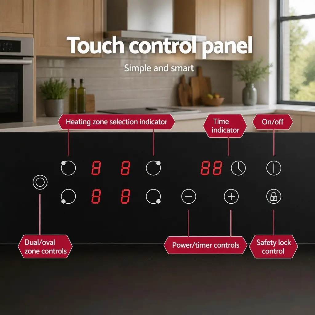 Electric Ceramic Cooktop 77cm Black Glass 6 Cooking Zones Touch Control