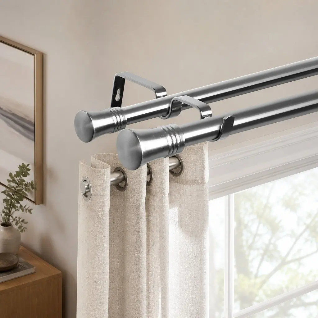 Double Curtain Rod Extendable Steel Pole Set Modern Design Dual Functionality