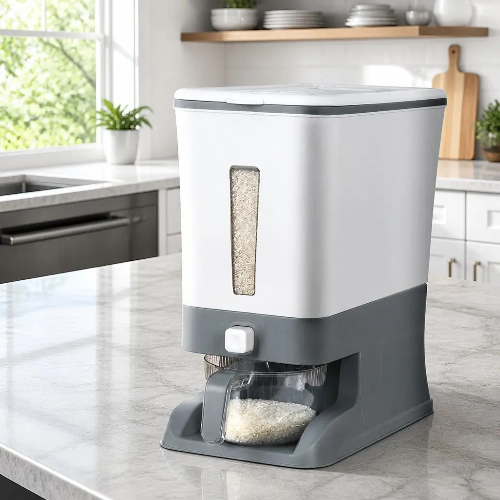 Cereal Dispenser Airtight Food Storage Container 12kg with One-Press Output and Removable Top Cover