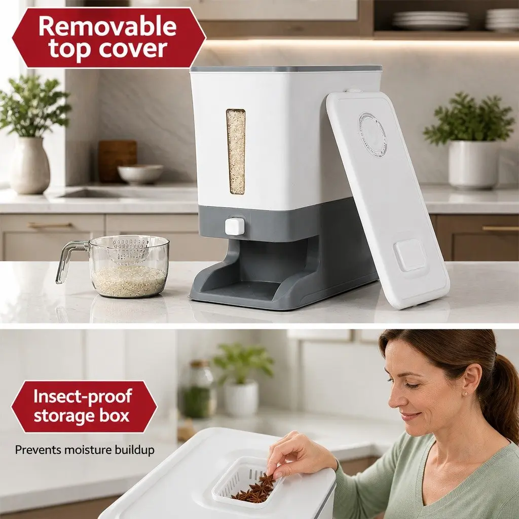 Cereal Dispenser Airtight Food Storage Container 12kg with One-Press Output and Removable Top Cover