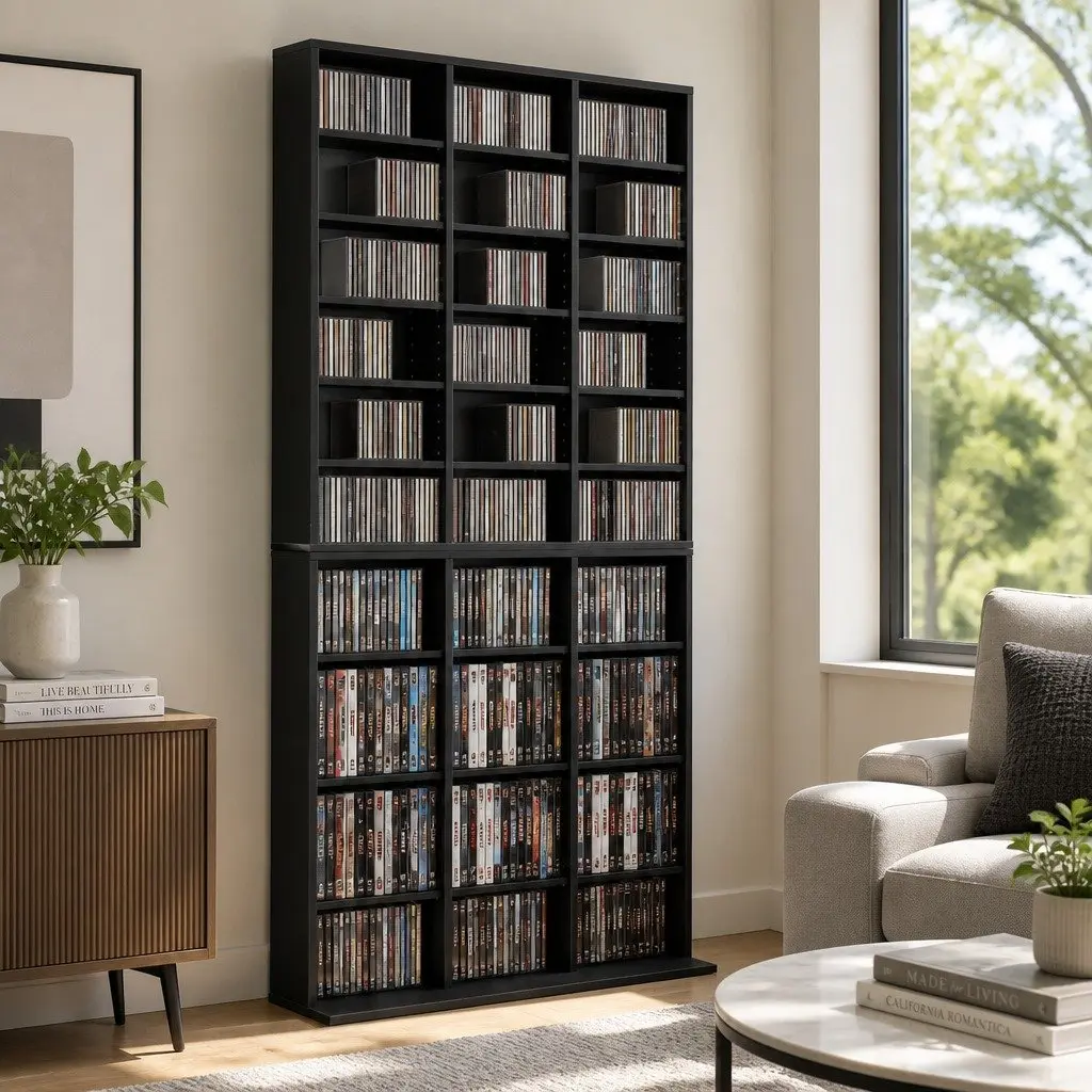CD DVD Bookshelf Storage Rack Adjustable Shelves Black Display Unit