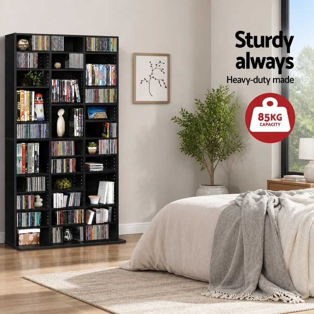 CD DVD Bookshelf Storage Rack Adjustable Shelves Black Display Unit