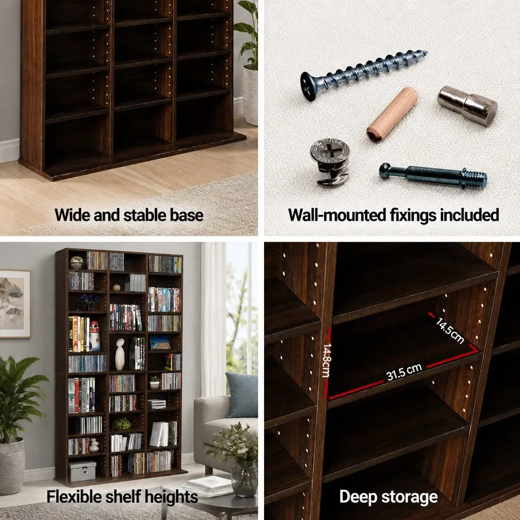 CD DVD Bookshelf Storage Rack Adjustable Shelves Media Organizer Display Unit