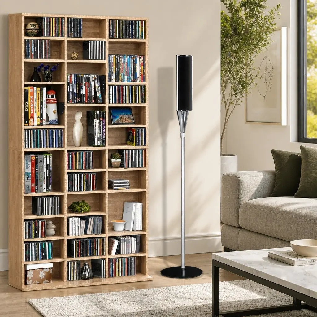 Oak CD DVD Bookshelf Storage Rack with Adjustable Shelves Display Cabinet