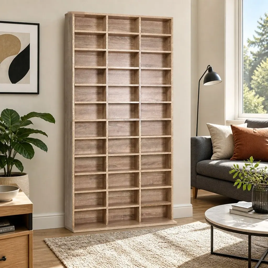 Oak CD DVD Bookshelf Storage Rack Adjustable Shelves 102 x 23.5 x 194.5 cm