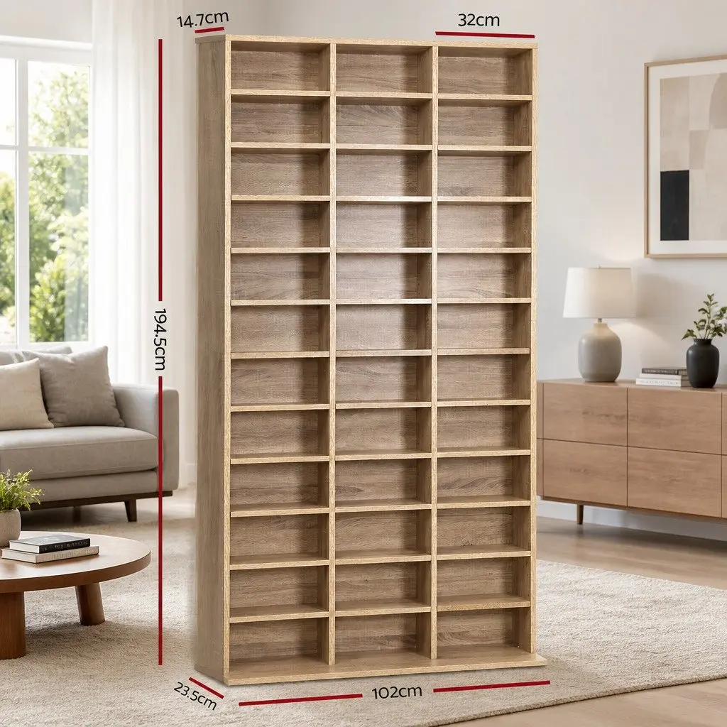 Oak CD DVD Bookshelf Storage Rack Adjustable Shelves 102 x 23.5 x 194.5 cm