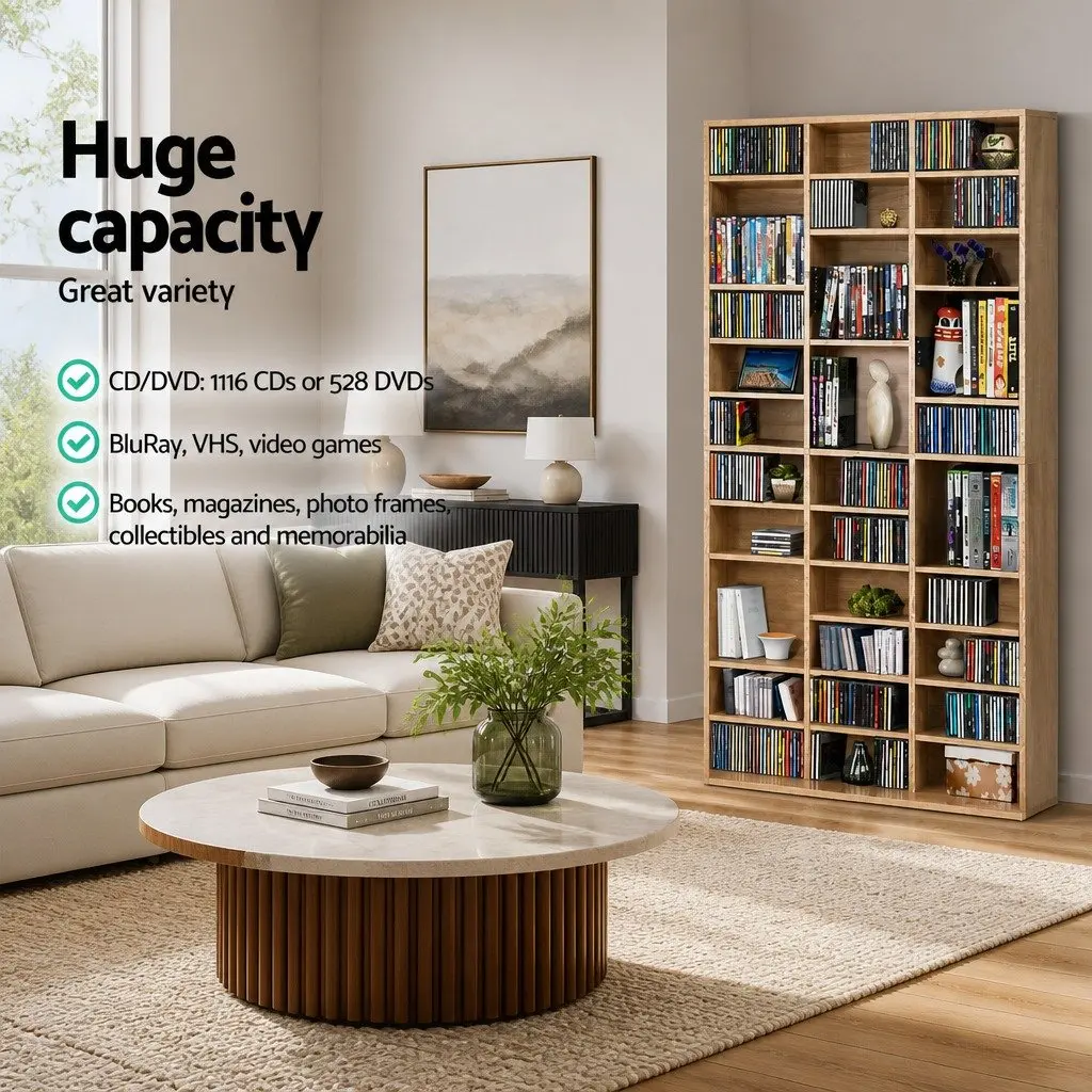 Oak CD DVD Bookshelf Storage Rack Adjustable Shelves 102 x 23.5 x 194.5 cm