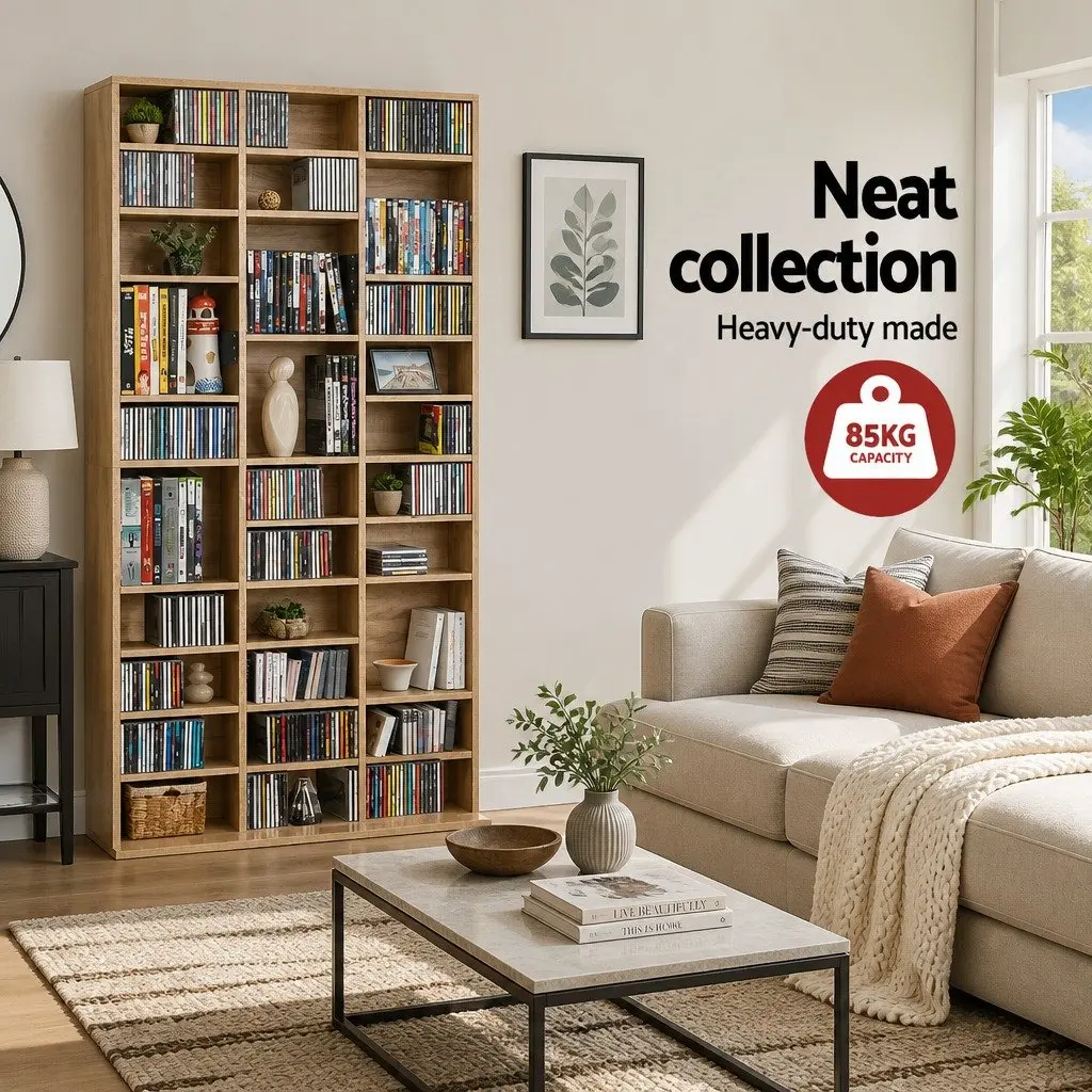 Oak CD DVD Bookshelf Storage Rack Adjustable Shelves 102 x 23.5 x 194.5 cm