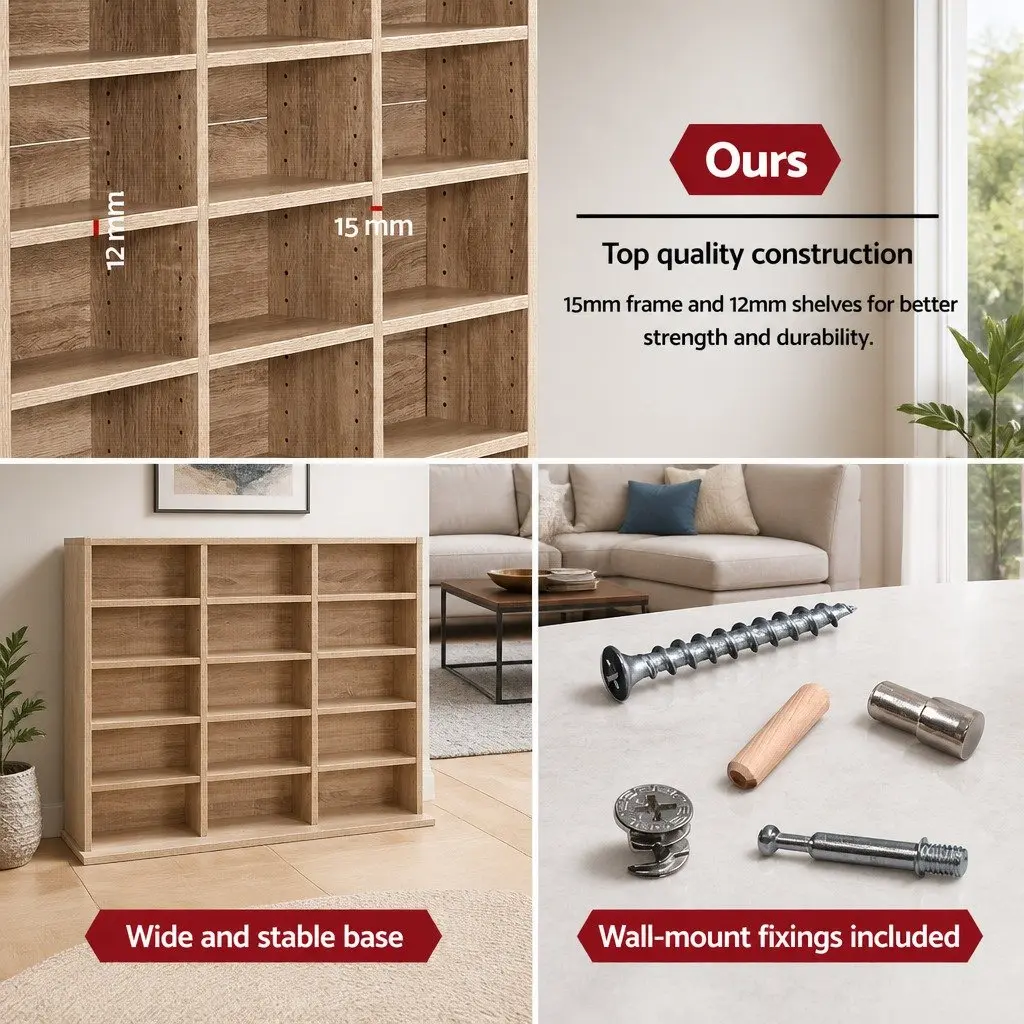 Oak CD DVD Bookshelf Storage Rack Adjustable Shelves 102 x 23.5 x 194.5 cm