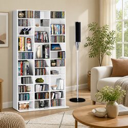 White Particle Board Bookshelf CD DVD Storage Rack Adjustable Shelves Display