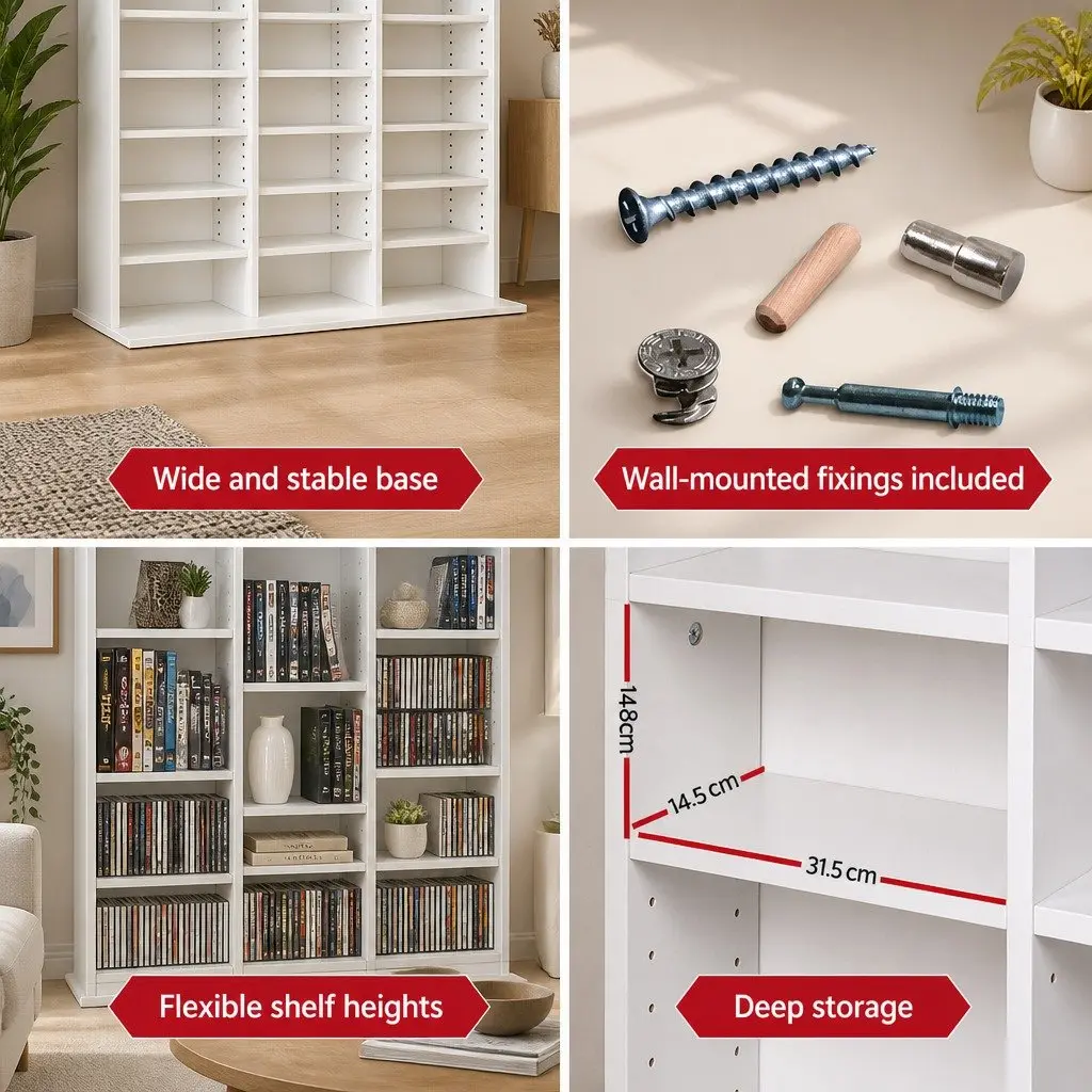 White Particle Board Bookshelf Adjustable Shelves 102cm x 23.5cm x 194.5cm