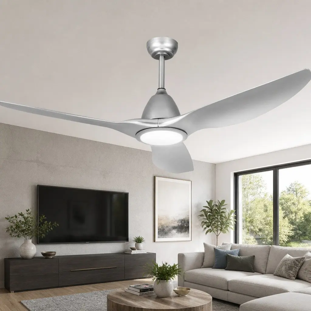 64 Inch Ceiling Fan DC Motor LED Light Remote Control 5 Speed Silver Indoor