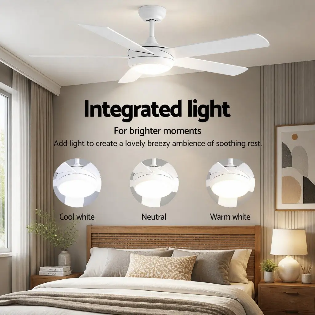 52 Inch Ceiling Fan DC Motor 5 Blades LED Light Remote Control White